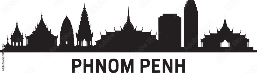 Fototapeta premium Phnom penh cambodia vector skyline silhouette with royal palace wat phnom art illustration