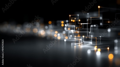 Digital network visualization with sharp geometric lines and glowing orange-white nodes forming a complex grid, suitable for artificial intelligence, data architecture, or smart connectivity.
