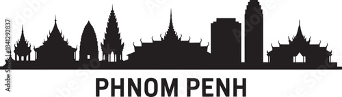 Phnom penh cambodia vector skyline silhouette with royal palace wat phnom art illustration