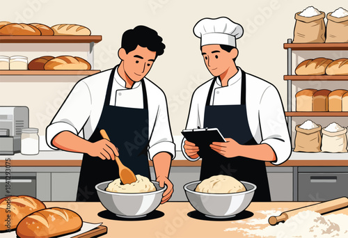 Two chefs in a bakery preparing dough, with loaves and flour sacks visible