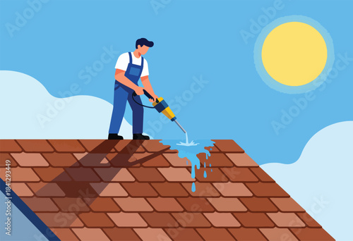 Roofer uses power washer to clean shingles under a bright sun