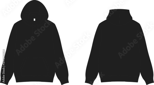 Black hoodie mockup, plain sweatshirt, front and back view, blank apparel, fashion template, clothing design, casual wear, unisex garment