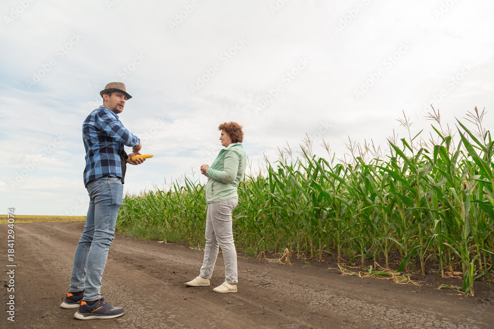 Obraz premium Owners of a farmland are looking at their field