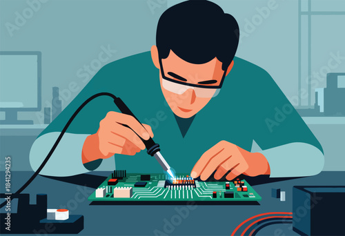 Person with glasses soldering a circuit board with precision