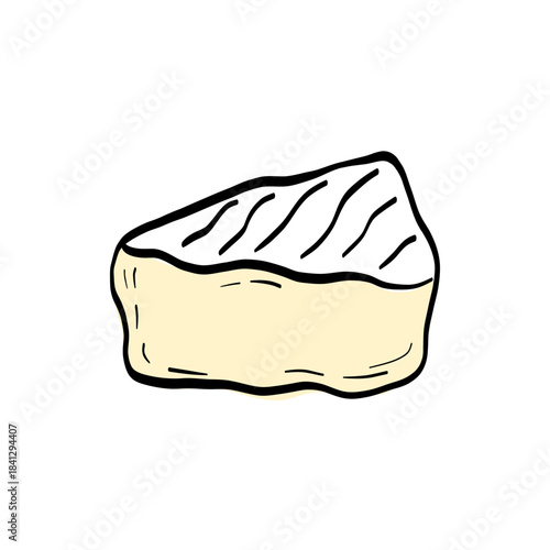 Hand-drawn brie cheese wedge with a soft, creamy mood. Ideal for specialty shop graphics, appetizer visuals, and premium dairy promotions