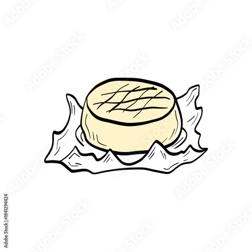 Hand-drawn brie cheese wedge with a soft, creamy mood. Ideal for specialty shop graphics, appetizer visuals, and premium dairy promotions