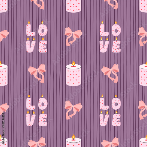 Seamless pattern with candle, love, bow and heart, on pink background, Whimsical elements for Valentine decor, stationery and packaging