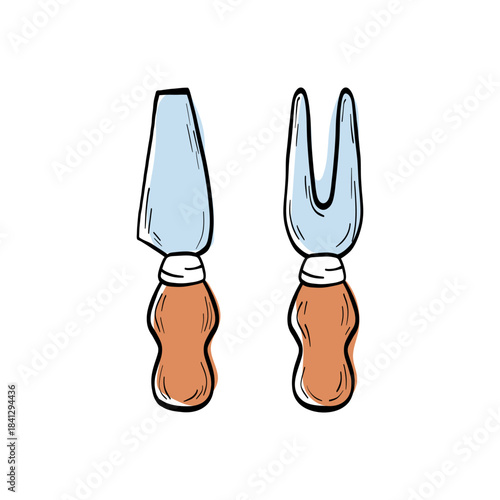 Cheese knives in clean line art with wooden handles. A useful culinary element perfect for menus, packaging, kitchen branding and gourmet food projects