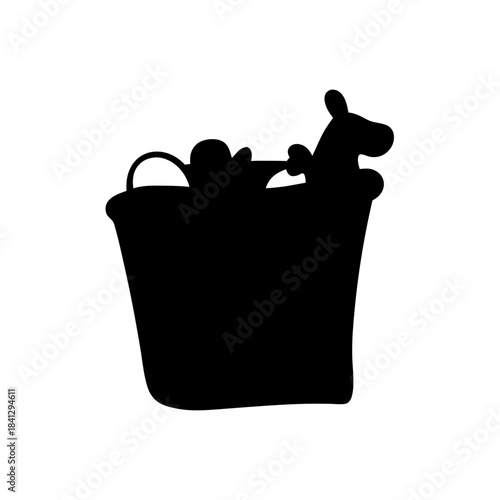 Monochrome silhouette depiction of a bucket filled with various children's toys