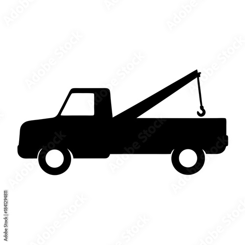 Silhouette of a black tow truck with a hook for towing cars