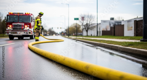 Yellow fire hose on wet asphalt road with blurred fire truck and firefighter in background. Emergency response scene