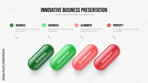 Market Planning Four Element Diagram Slide Template. Service Showcase Slideshow Layout Vector Illustration. Consulting Briefing 4 Step Infographic Presentation Design.