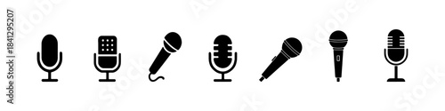 Microphone flat and silhouette icon set. Podcast icon set. Different microphone collection. Vector illustration 