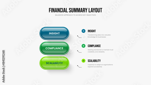 Corporate Showcase 3 Element Diagram Slide Template. Visual Performance Presentation Design Vector Illustration. Professional Report Three Option Infographic Slideshow Layout.