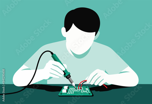 Person soldering a circuit board, focused on detailed electronic work