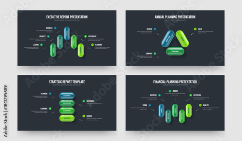 Modern Overview Five Three Four Option Infographic Slideshow Layout Vector Illustration Bundle. Corporate Solution 5 3 4 Element Diagram Frame Template Set.