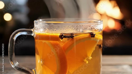 Warm Cozy Winter Scene with Spiced Hot Beverage in a Clear Glass Mug