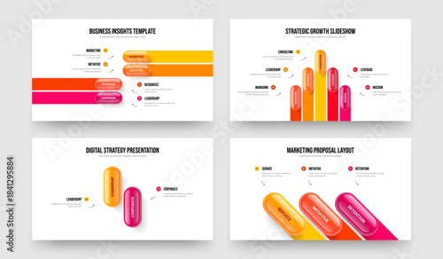 Consulting Showcase Four Five Two Three Step Diagram Presentation Layout Vector Illustration Collection. Investor Briefing 4 5 2 3 Element Infographic Frame Template Set.