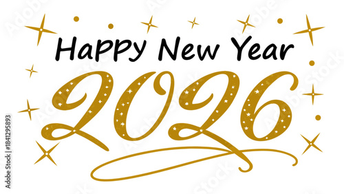 Golden happy new year 2026 text with sparkles on white background