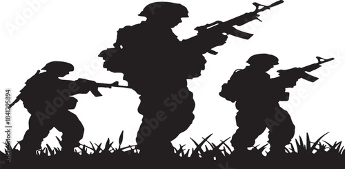 three soldiers silhouettes armed with rifles standing in 