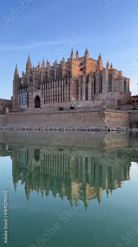 The cathedral of Palma de Mallorca is reflected in a pond.