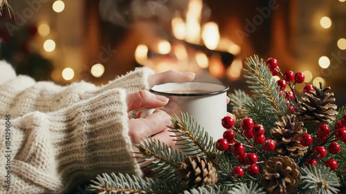 Cozy holiday scene featuring hands holding a warm drink surrounded by festive pine and berries