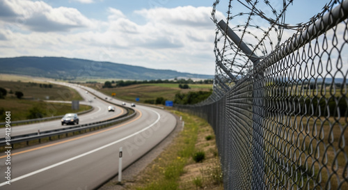 Chain link fence with razor wire and blurred highway background. Border security and migration concept. Road travel restriction