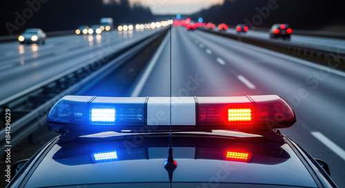 Police car roof with flashing blue and red lights on a highway. Emergency vehicle siren bar at dusk. Law enforcement patrol concept