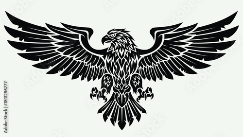 Stylized Tribal Eagle with Open Wings Engraving Vector Design.