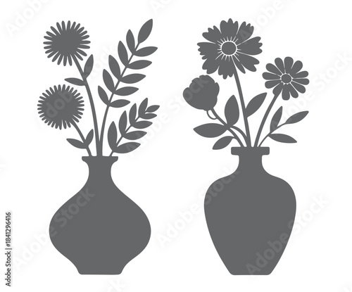  two gray silhouette flower arrangements in vases simple 