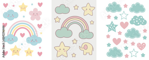 Children Wall Art Set with Playful Shapes and Pastel Colors, Simple Vector Style Illustrations for Nursery Decor, Kids Room and Modern Child-Friendly Interiors