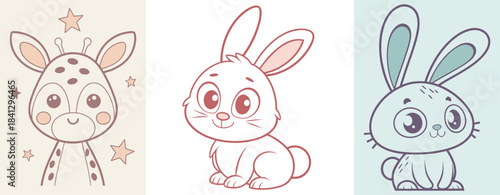 Cute Animal Illustration Wall Art Set for Kids with Soft Colors, Simple Vector Design Style, Playful Nursery Prints for Children Bedroom and Playroom Decor