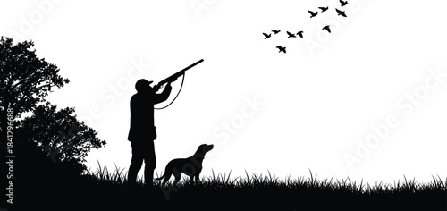 Silhouette of a hunter aiming a shotgun at a flock of birds flying overhead, with a dog standing nearby in a grassy field