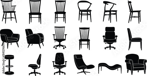 Black silhouette collection of various modern and classic chairs, office seats, armchairs, stools, interior furniture icons for design projects.