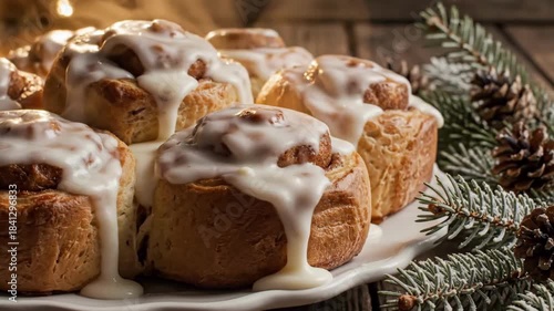 Festive Spiced Cinnamon Rolls with Cream Cheese Glaze and Holiday Decor
