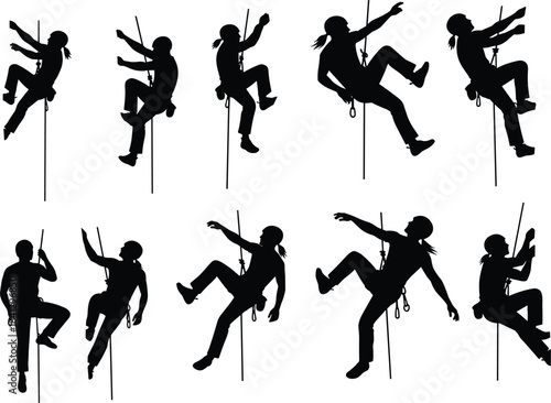 Set of silhouettes showing rock climbing and rappelling poses of a person