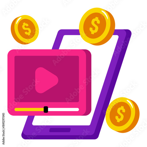 Conceptual isometric design icon of video monetization 