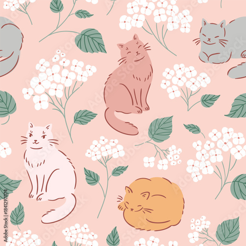 vector cats seamless pattern in delicate pastel color palette. Stylish illustrated hydrangea flowers and cats on pink background. Preppy animal repeat pattern design for baby textile or wallpaper.
