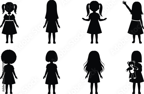 Black Silhouette Set of Little Girls, Various Hairstyles and Poses, Child Holding Teddy Bear, Kids Vector Icons