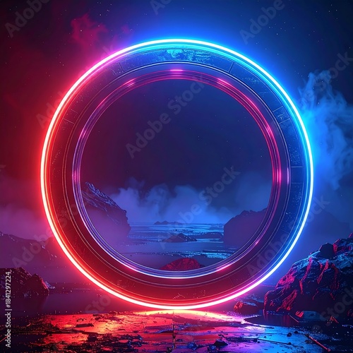 Illuminated circle portal with neon glow. Dreamy landscape backdrop, rocks, water and sky. Cosmic
