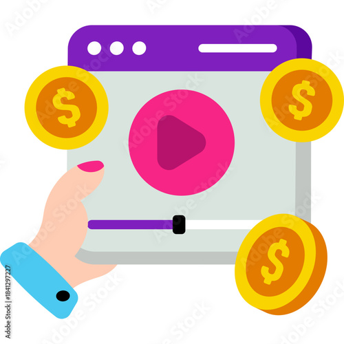 Conceptual isometric design icon of video monetization 