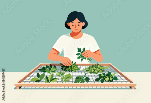 Person drying fresh herbs on a wooden rack