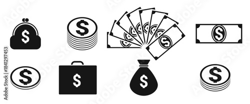 isolated black icons on a theme money on white background 