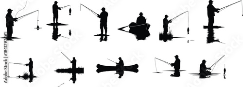 Collection of silhouettes of fishermen fishing in water with rods and reels, various poses and settings