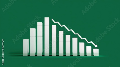 Green descending arrow on financial bar graph. Business loss chart with falling trend line. Digital stock market data visualization for investment analysis.