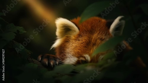 Close up of a red panda among green foliage, looking attentive. Wild animal habitat. Nature conservation concept.