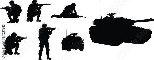 Silhouettes of soldiers with weapons, armored vehicle, and tank on