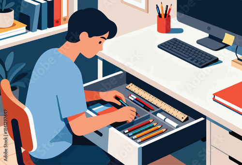 Person sorting colored pencils and pens in desk drawer