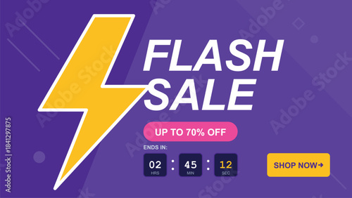 Vibrant flash sale banner with countdown timer and call to action button for online shopping
