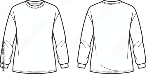 Blue long sleeve crew neck shirt front and back technical sketch, fashion garment design, apparel illustration, clothing style, textile manufacturing reference